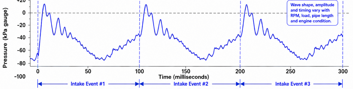 A technical comparison chart titled 'SEE THE REAL DIFFERENCE' showing pressure waveform graphs for a two-stroke engine with three intake events. The top panel contains a blue and white graph labeled 'Actual pressure pulses captured by Digi Sync at 1,000 samples/second,' with text below reading 'Digi Sync captures 1,000 samples/second (That's 10x more detail than 10 times slower).