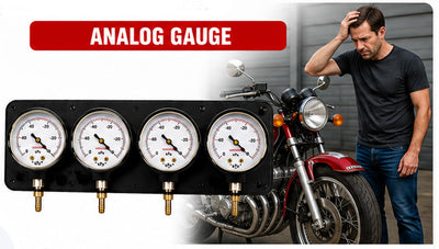 Four circular analog motorcycle pressure gauges mounted on a black panel, shown next to a red motorcycle with a man standing beside it. A red banner at the top reads 'ANALOG GAUGE'.