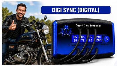 A digital carb sync tool labeled 'DIGI SYNC (DIGITAL)' shown next to a man giving a thumbs-up while seated on a black Honda CBX motorcycle. The tool has a blue and black casing with digital readouts and four attached black cables.
